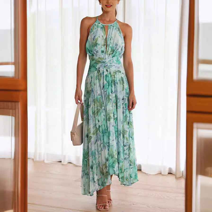 Neck Sleeveless V-Neck Printed Pendulum Dress Backless Maxi Dress Women Sexy