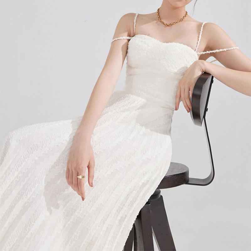 Double Shoulder Strap Simple Versatile Solid Color Dress Elegant Sexy Sleeveless Strap Pleated A Line dress
