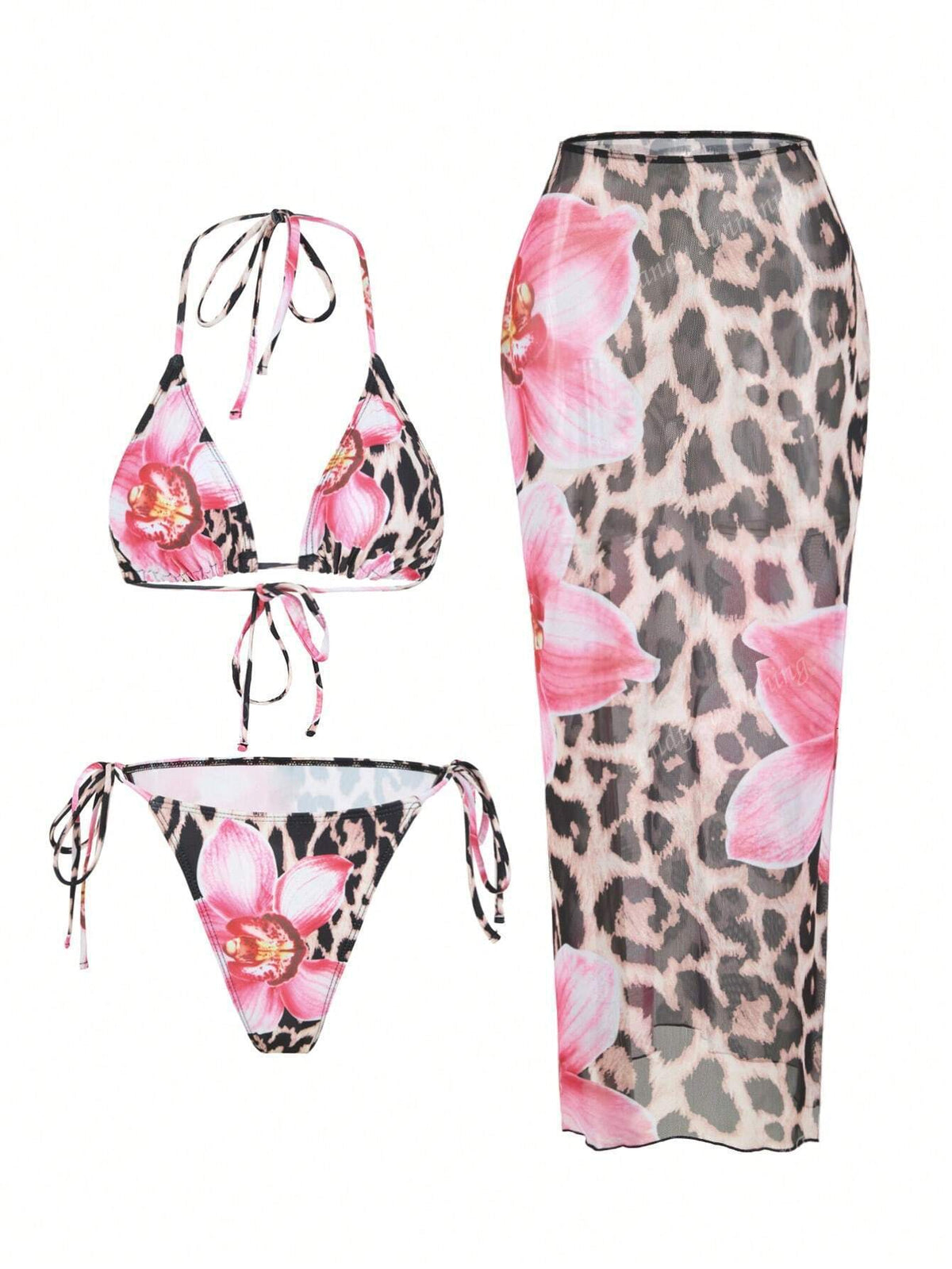 Apron Three Piece Bikini Vintage Print Long Skirt Swimsuit Women&