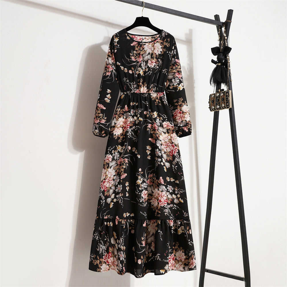 Spring and Autumn floral chiffon dress waist thin long sleeve round neck long printed skirt