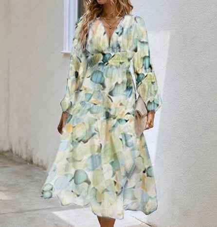 Bohemian female Long Lantern Sleeves Dress-Boho deep V printing high waist casual dress for women