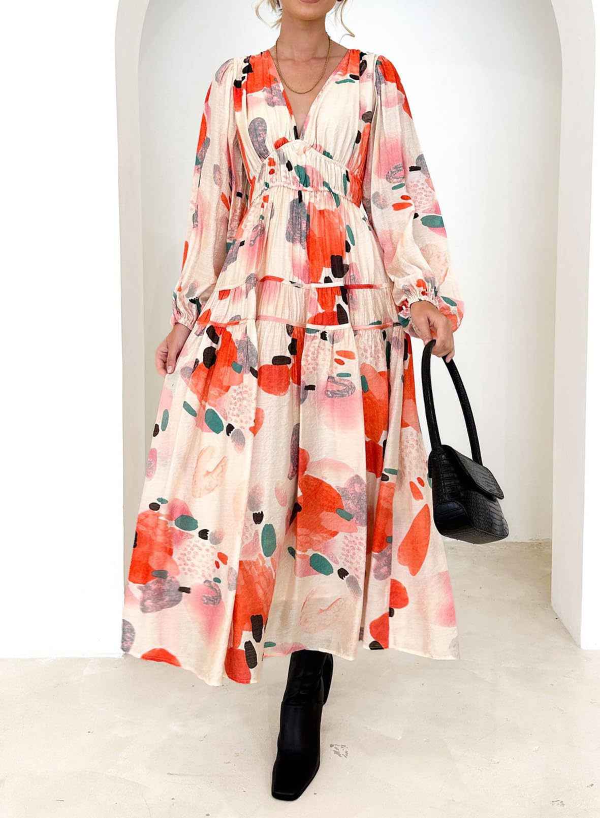 Bohemian female Long Lantern Sleeves Dress-Boho deep V printing high waist casual dress for women