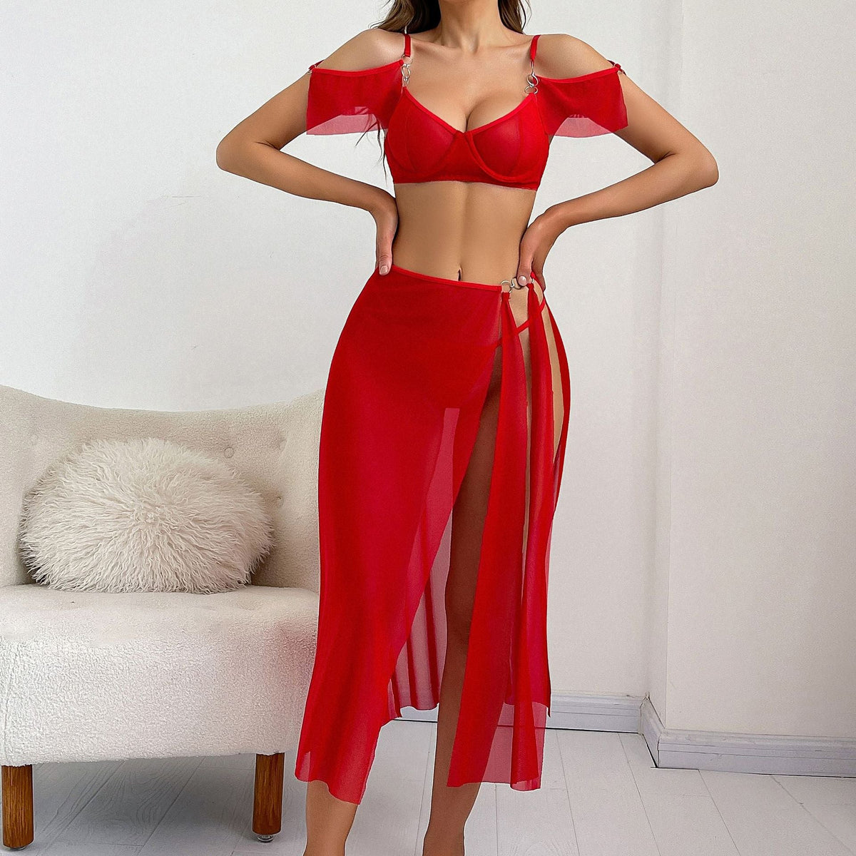 Supply Sexy Split Strap Tube Top Self Tie Slit Long Skirt Sexy Lingerie