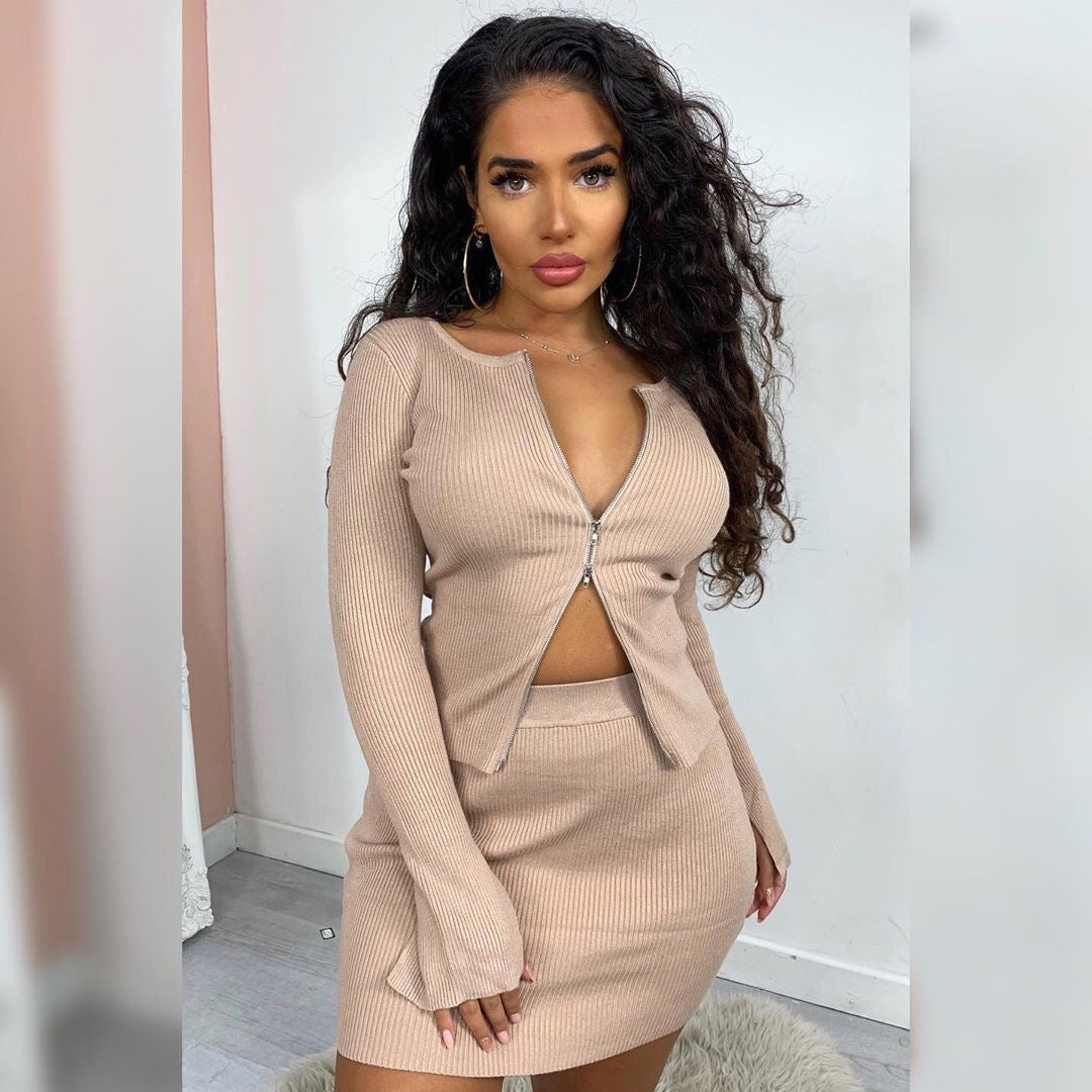 Double Zip Sunken Stripe Long Sleeve Top Skirt Set