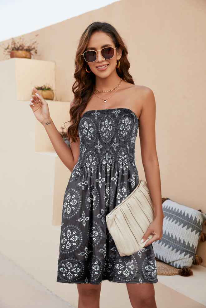 Beach Dress Floral Medium and Long Dress Bohemian Strapless Printed Chest Wrap Skirt