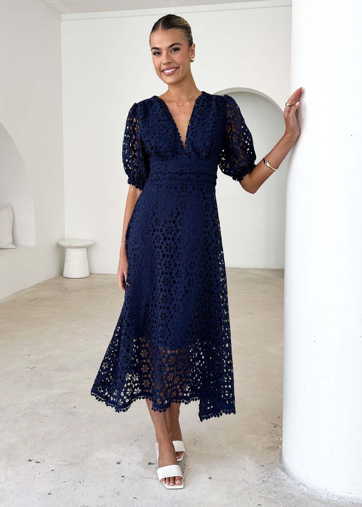 Dress skirt V-neck sexy waist solid color lace hollow dress