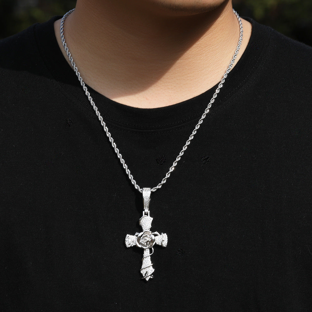 Hip-hop rose cross necklace with 5A zircon inlay