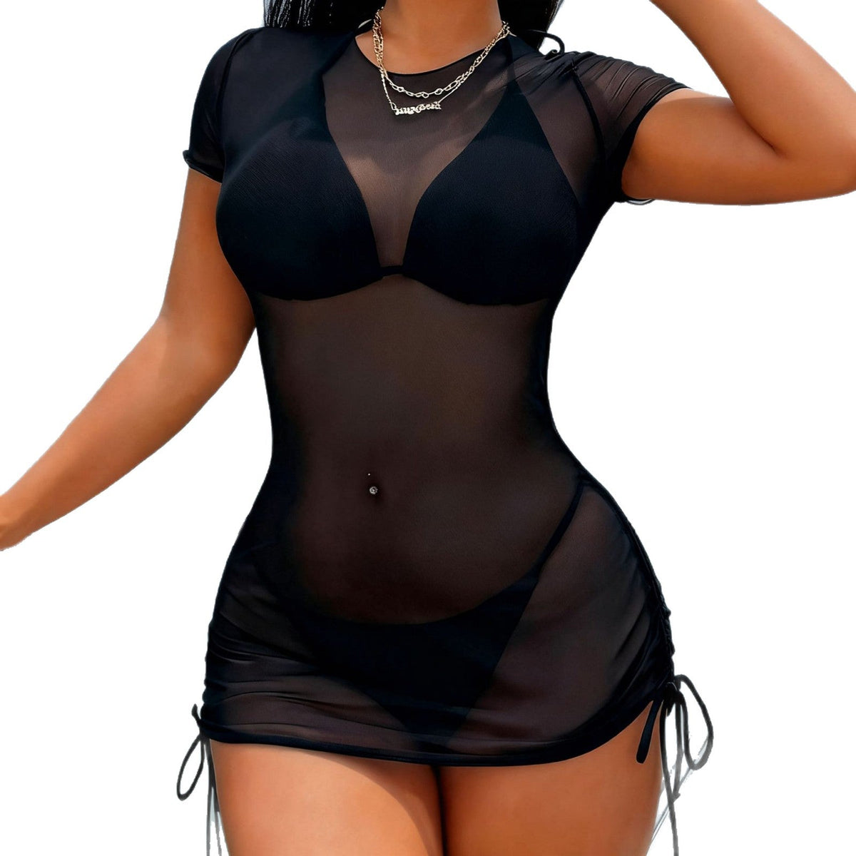 Black Bikini Three Piece Cover Up Mesh Sheer Separated Swimsuit Women&