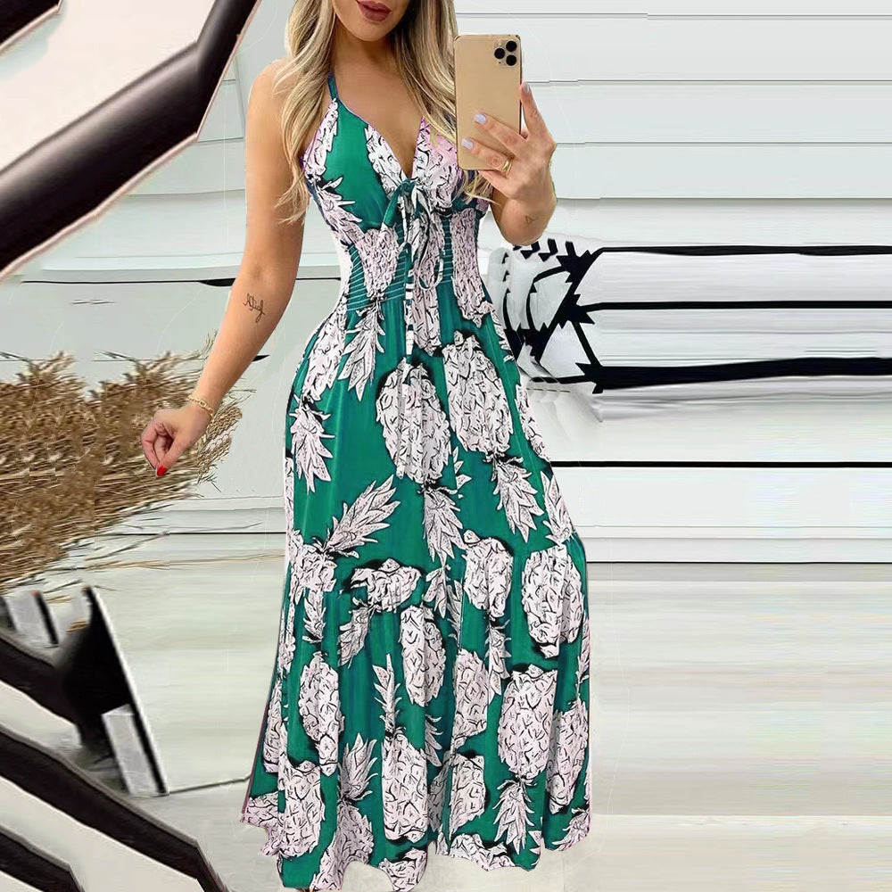 Summer Bustier Spaghetti Strap High Waist Printed Maxi Dress Sexy Women&