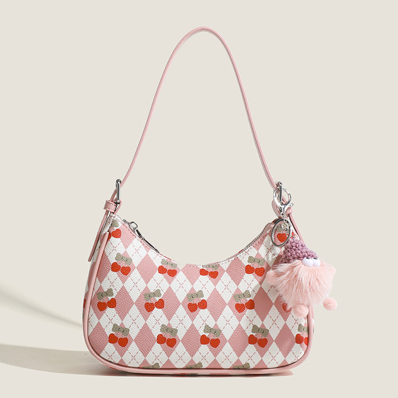Small versatile shoulder bag, cute cherry pattern shoulder bag, top handle bag, crescent bag hobo