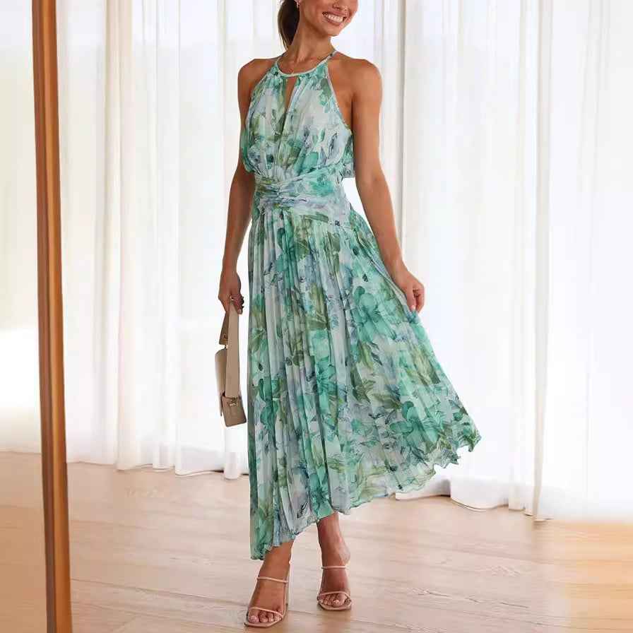 Neck Sleeveless V-Neck Printed Pendulum Dress Backless Maxi Dress Women Sexy