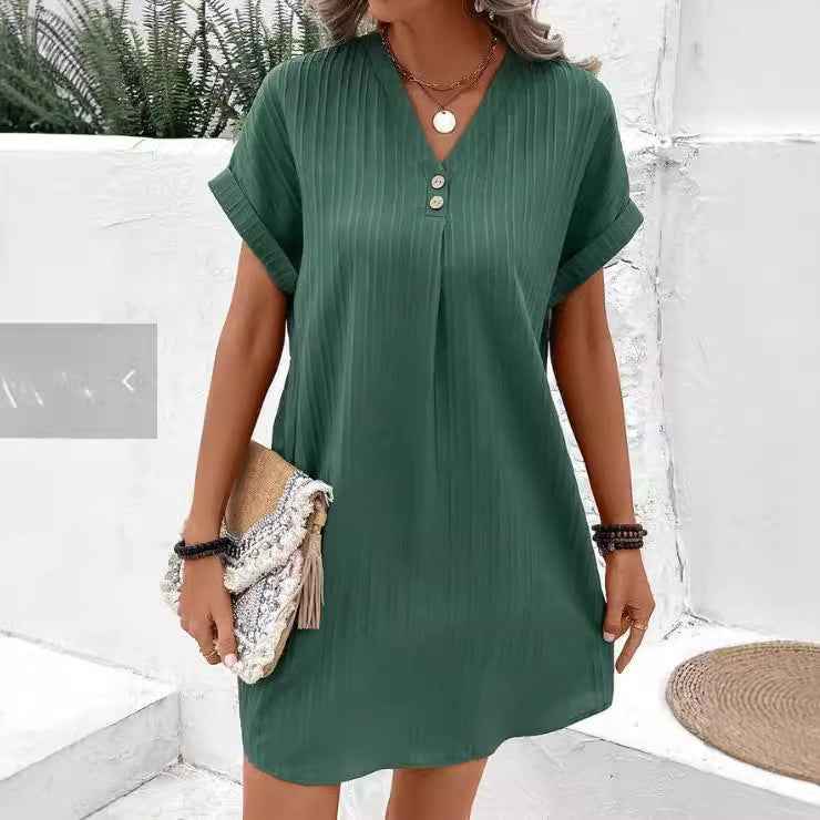 Solid Color Pullover Comfortable Casual Button Dress V-Neck Batwing Sleeve Dress