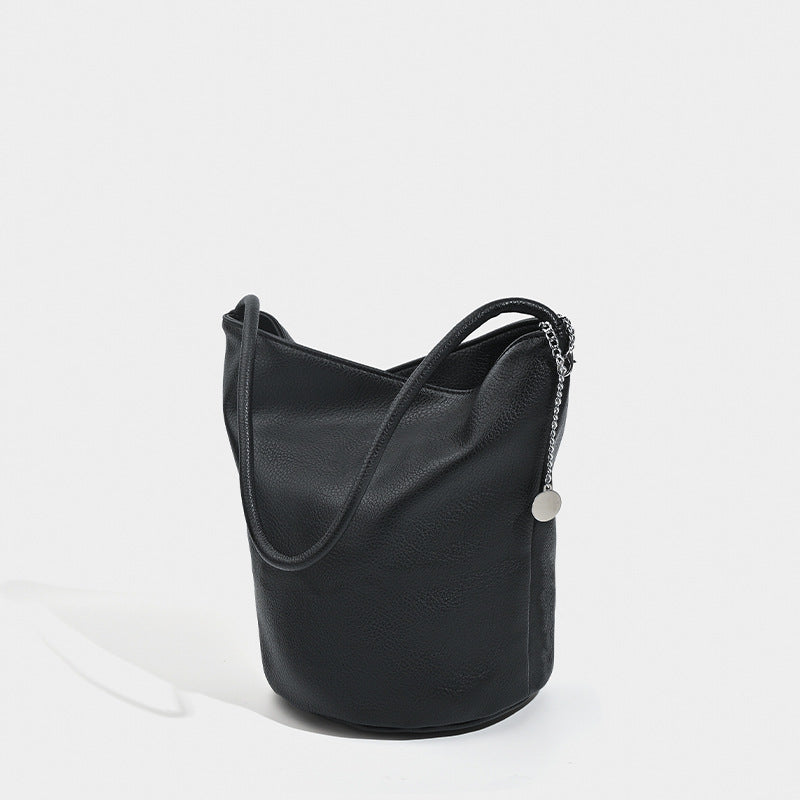 Retro soft leather bucket bag, women&