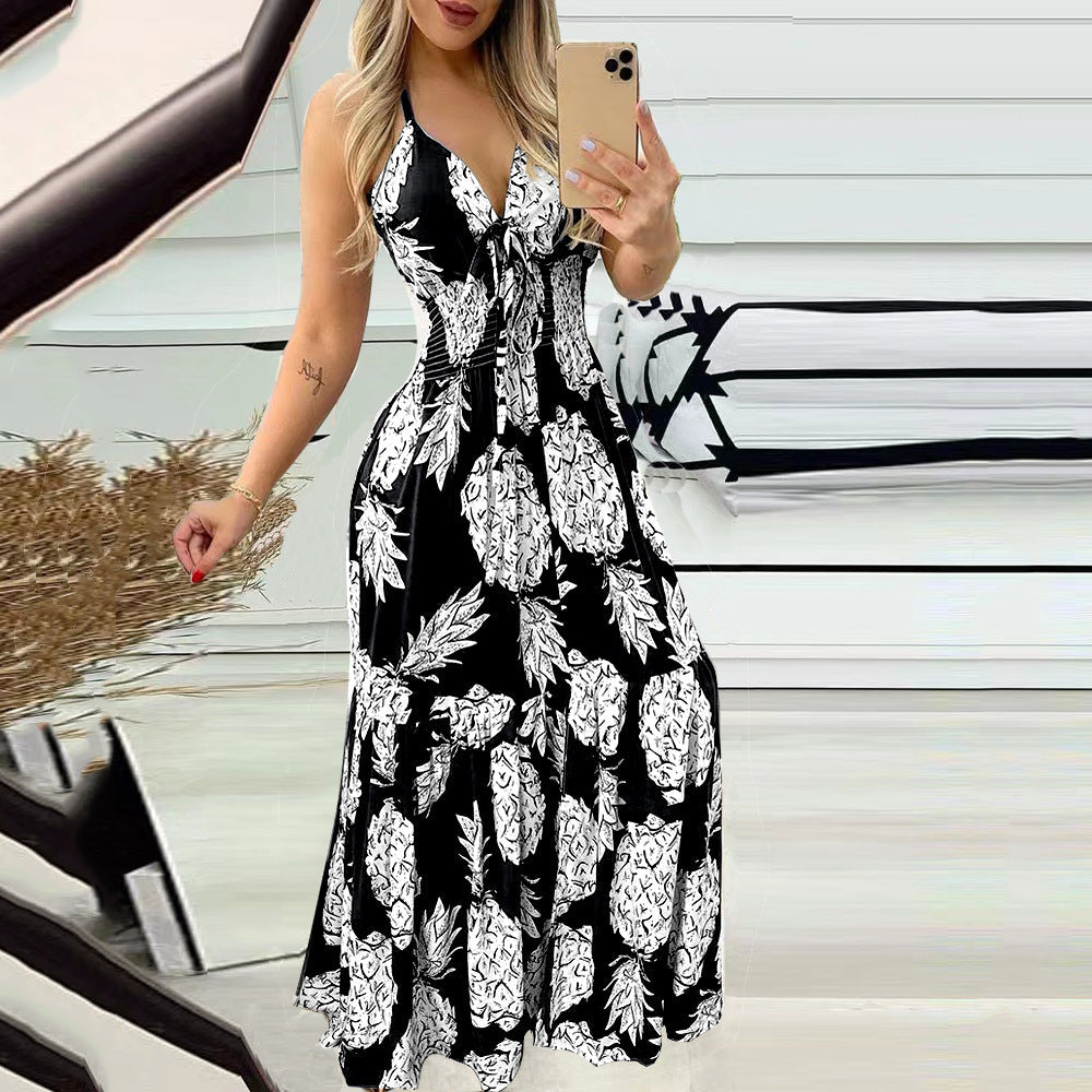Summer Bustier Spaghetti Strap High Waist Printed Maxi Dress Sexy Women&