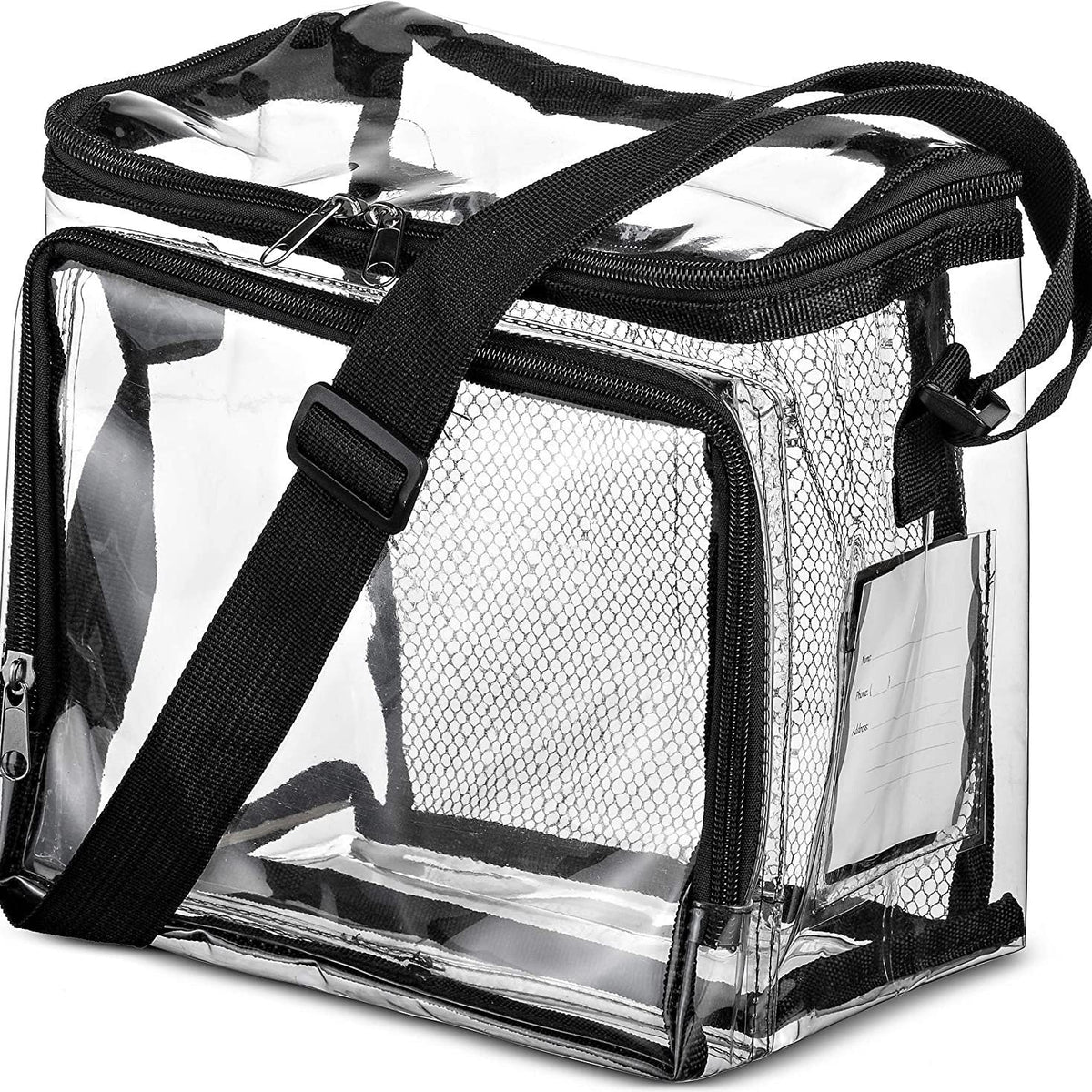 PVC clear lunch bag, adjustable strap front storage compartment mesh pocket, outdoor lunch bag with compartments