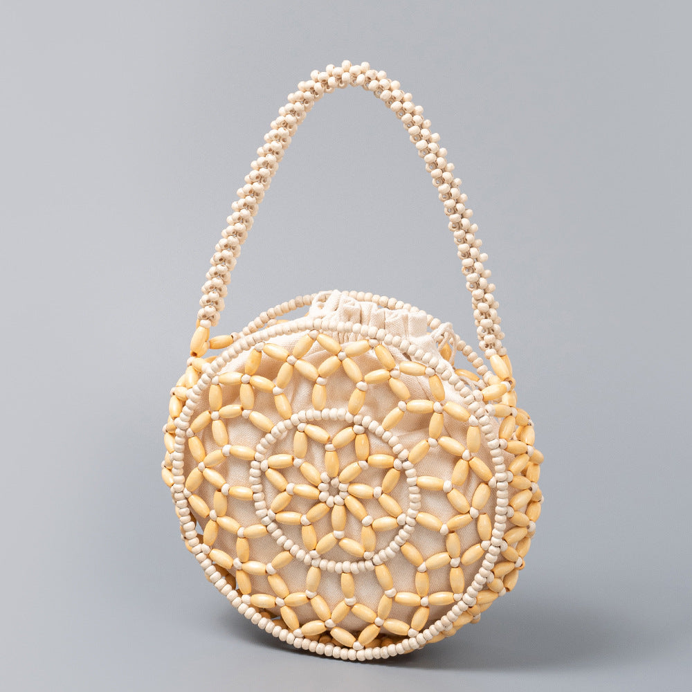 Small round wooden bead bag, hand-woven bag, women&