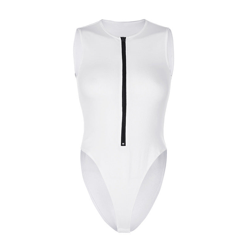 Summer Zipper Crew Neck Sleeveless Fashion Sexy Solid Color Versatile Cool Bodysuit Women&