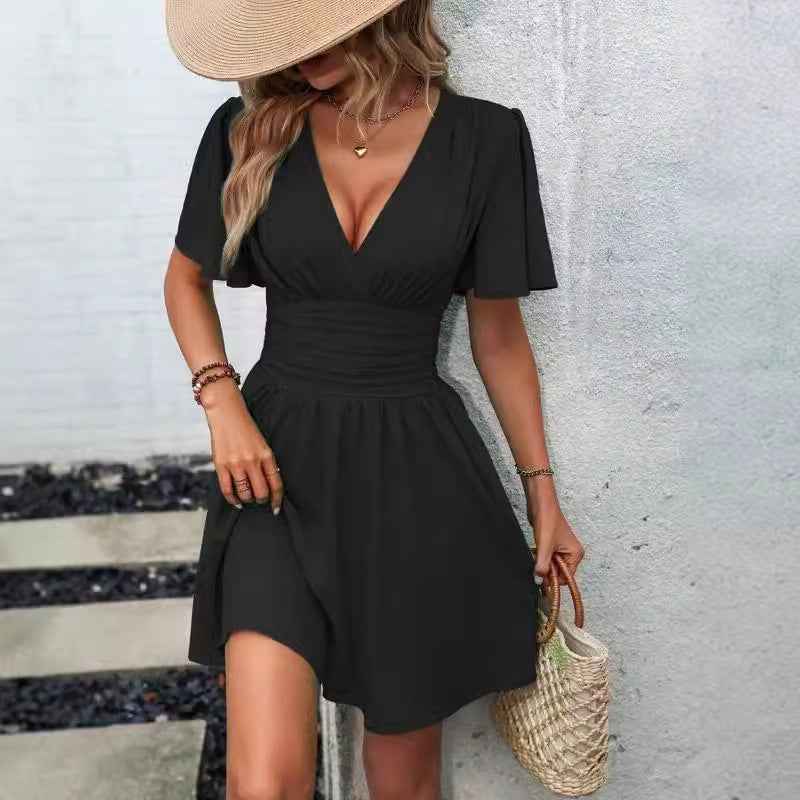 Deep v Waist Skinny Pleated Bubble Sleeve Dress Lantern Sleeve Bridesmaid