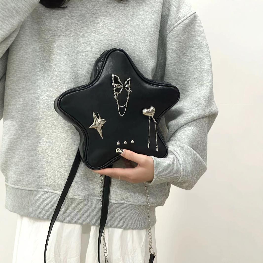 Mini black pentagram shaped shoulder purse, pendant shoulder backpack, fashionable versatile chain backpack for women