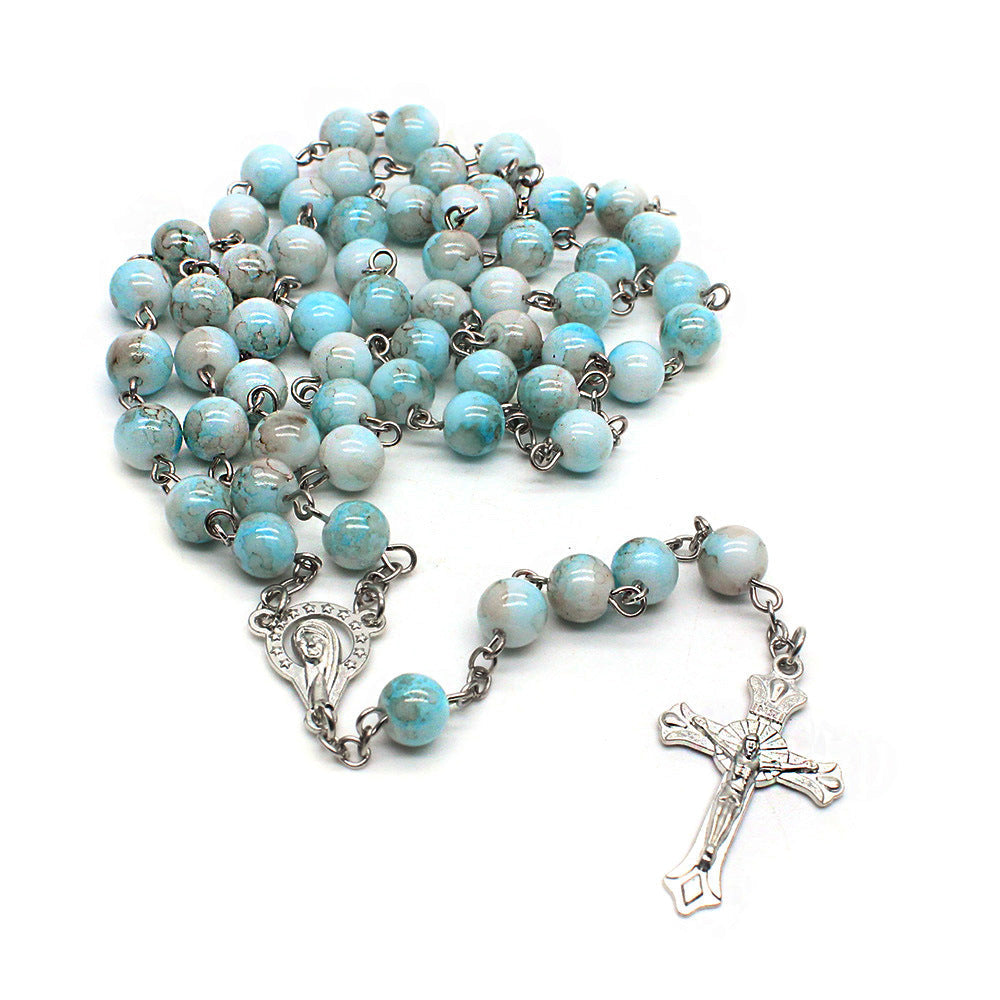 Zebra Blue Rosary Necklace Cross Necklace