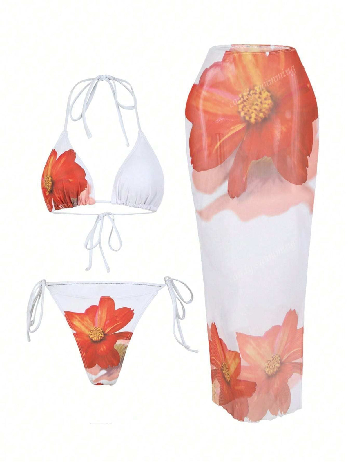 Apron Three Piece Bikini Vintage Print Long Skirt Swimsuit Women&
