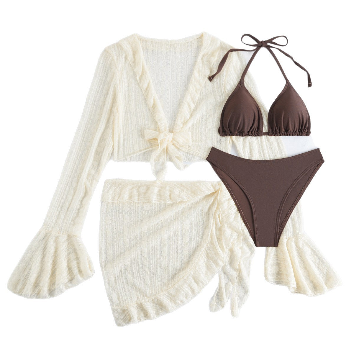 Long Sleeve Cover Up Triangle Apron Four Piece Bikini Lace Swimsuit Women&