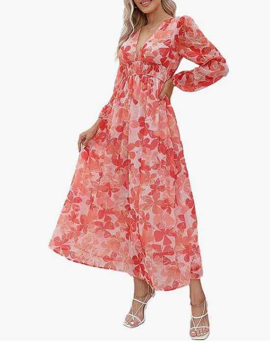 Bohemian female Long Lantern Sleeves Dress-Boho deep V printing high waist casual dress for women