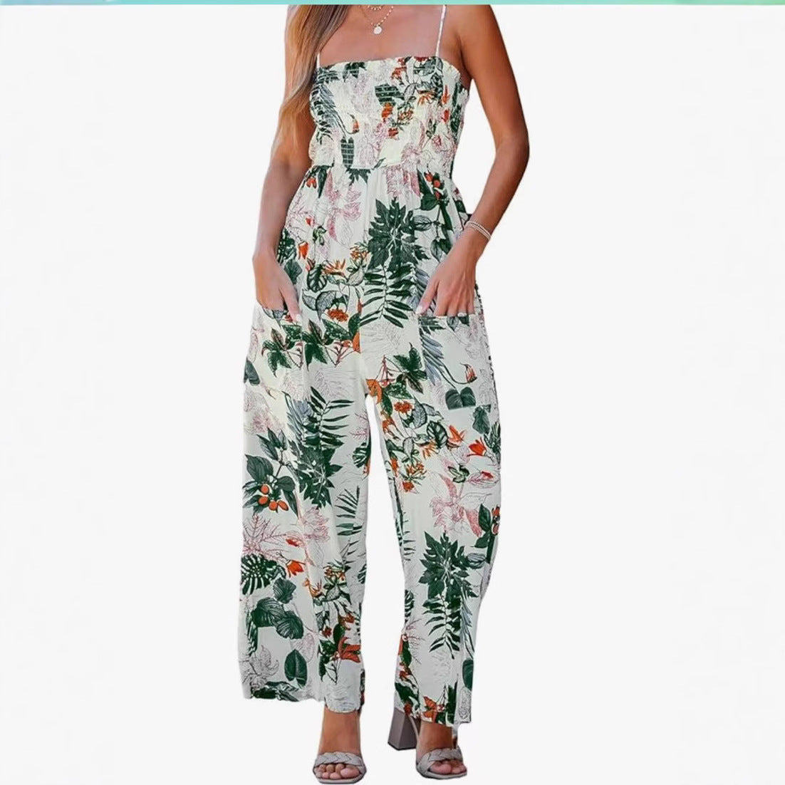 Spring-Summer Sling Loose Casual Jumpsuit Vacation Wide-Leg Romper