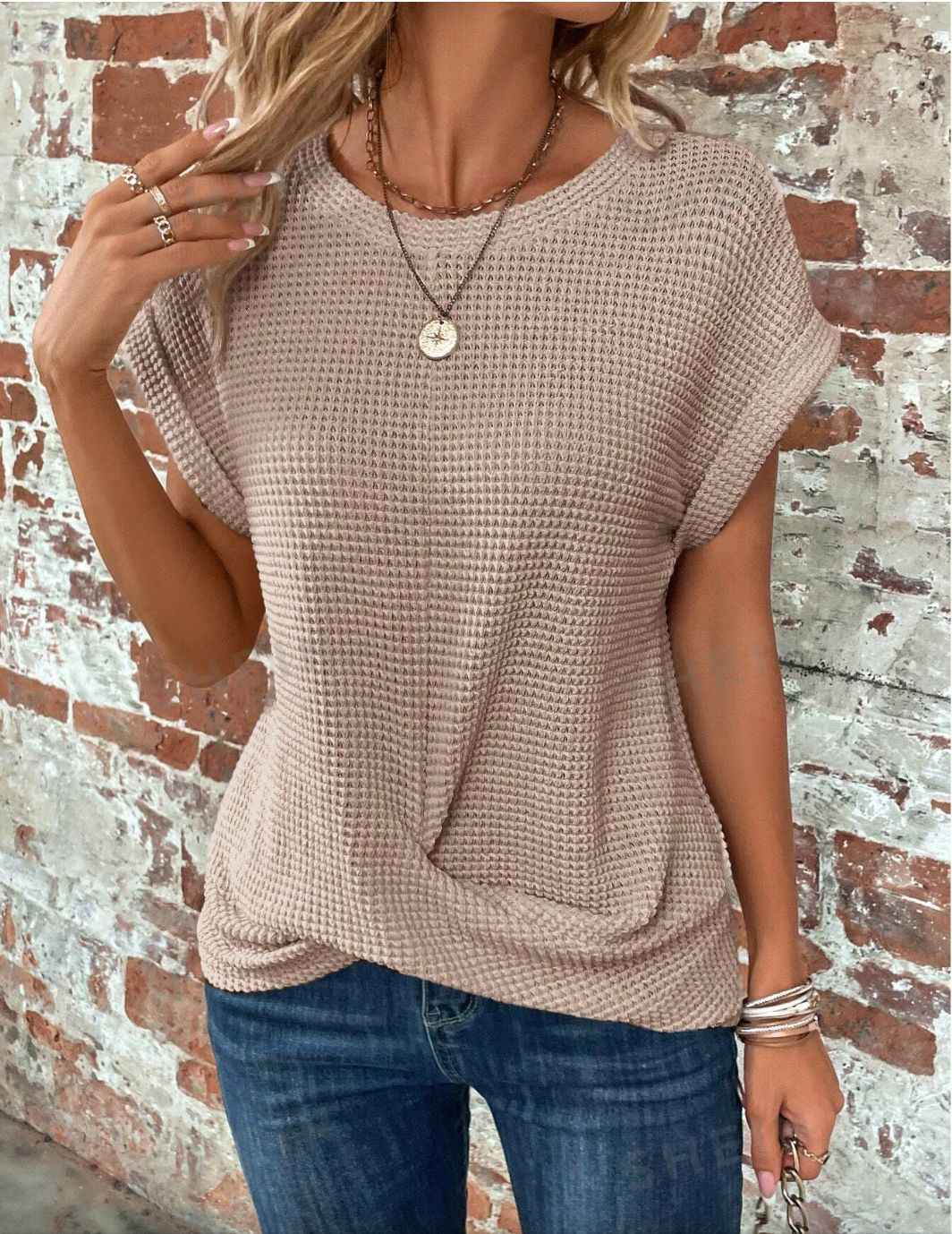 Batwing Sleeve Twist Hem Waffle Knit Tee