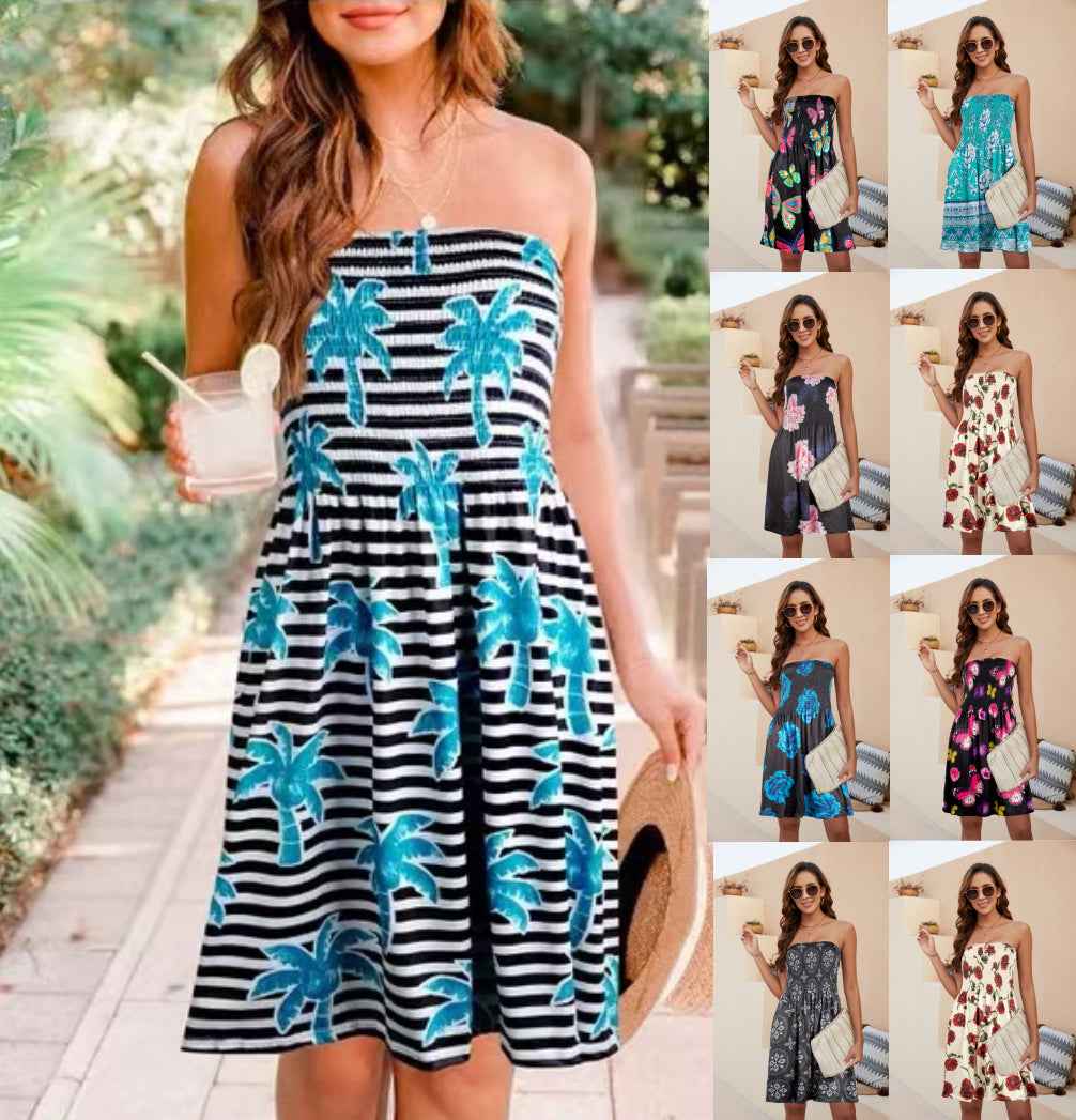Beach Dress Floral Medium and Long Dress Bohemian Strapless Printed Chest Wrap Skirt