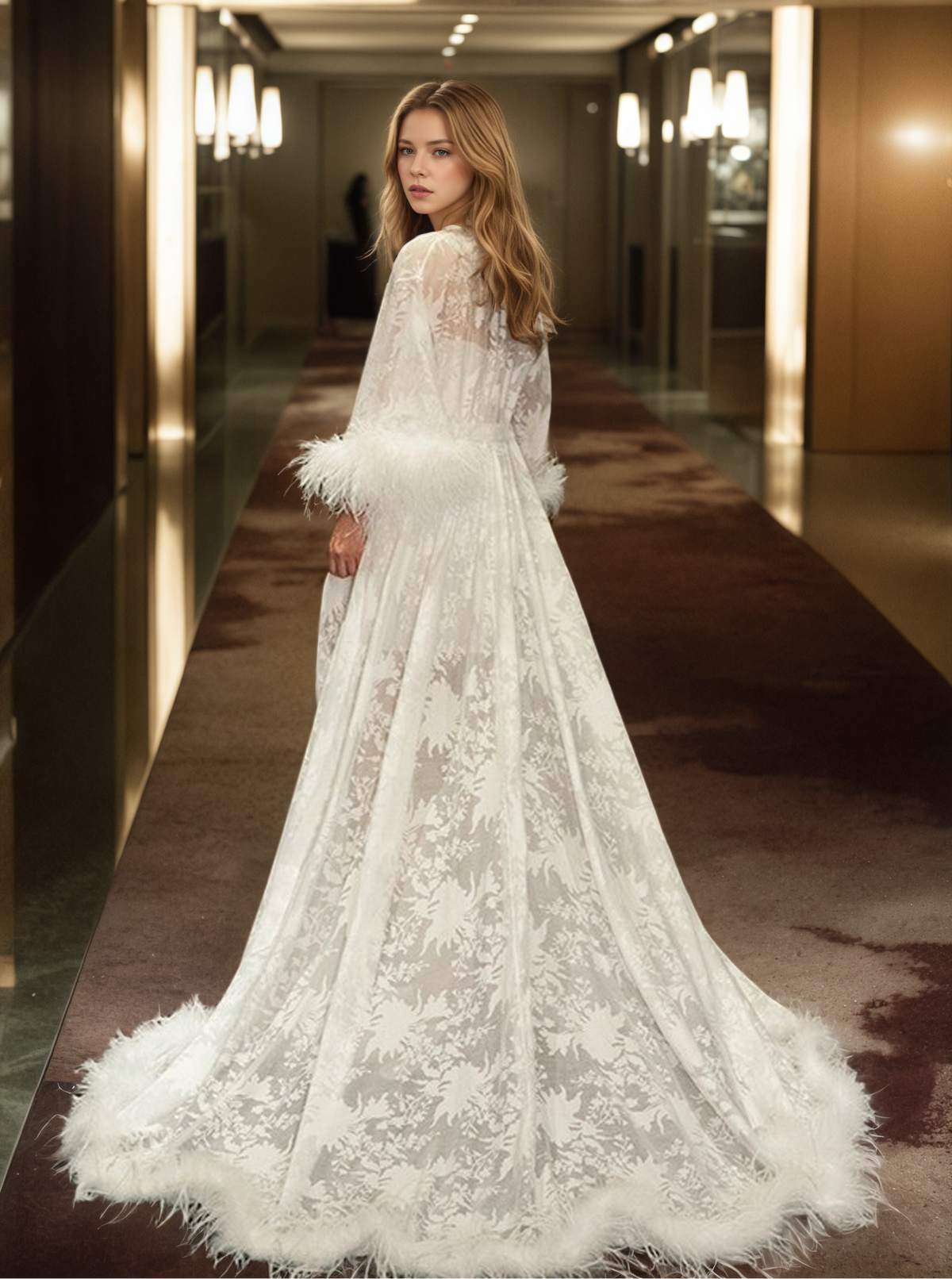 Luxury White Feather Trim Lace Long Robe Dress Set | Bridal Getting Ready & Photoshoot Gown
