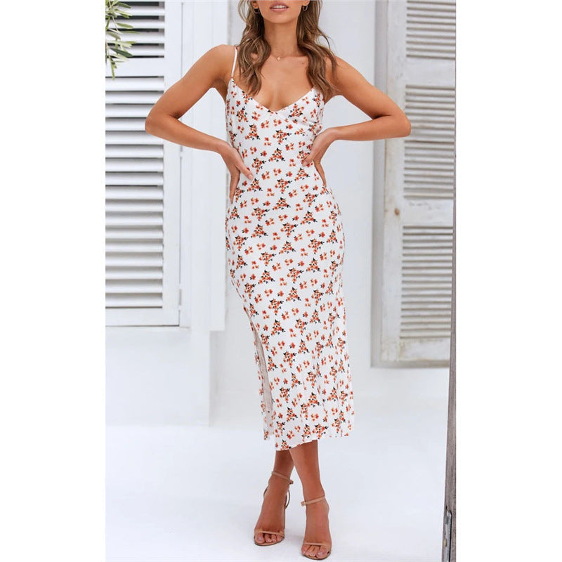 Floral Deep V Suspender Split Dress - Women&