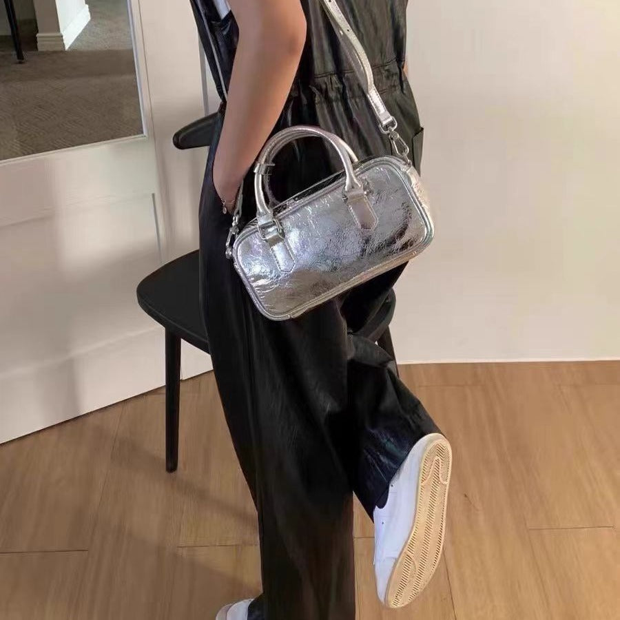 Retro crossbody bag, small square bag, small top handle purse metallic