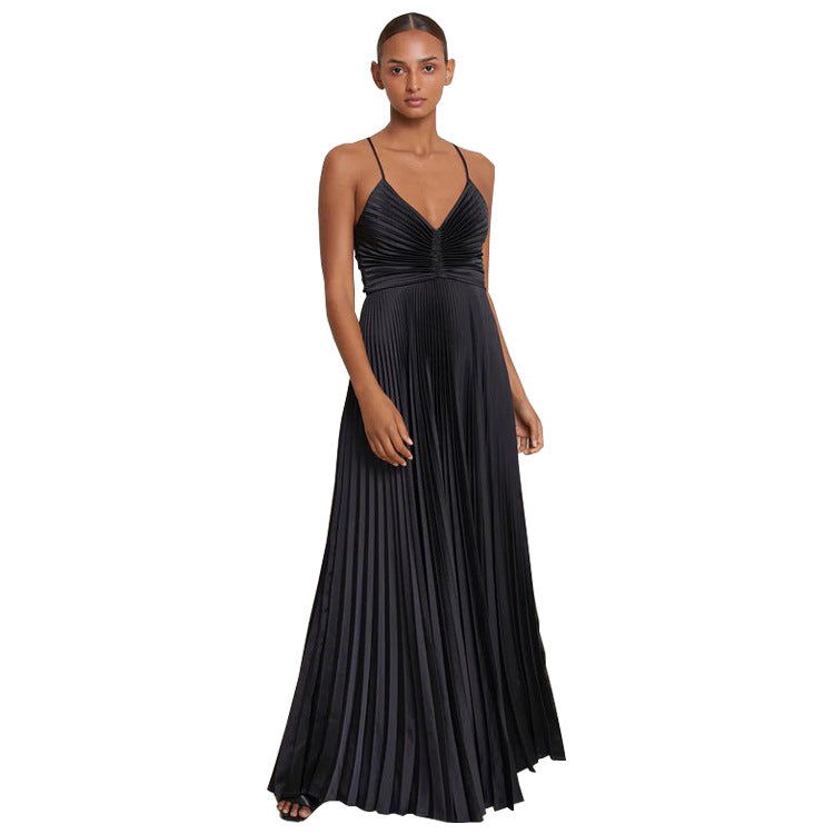Pleated Tie-Strap Slip Dress
