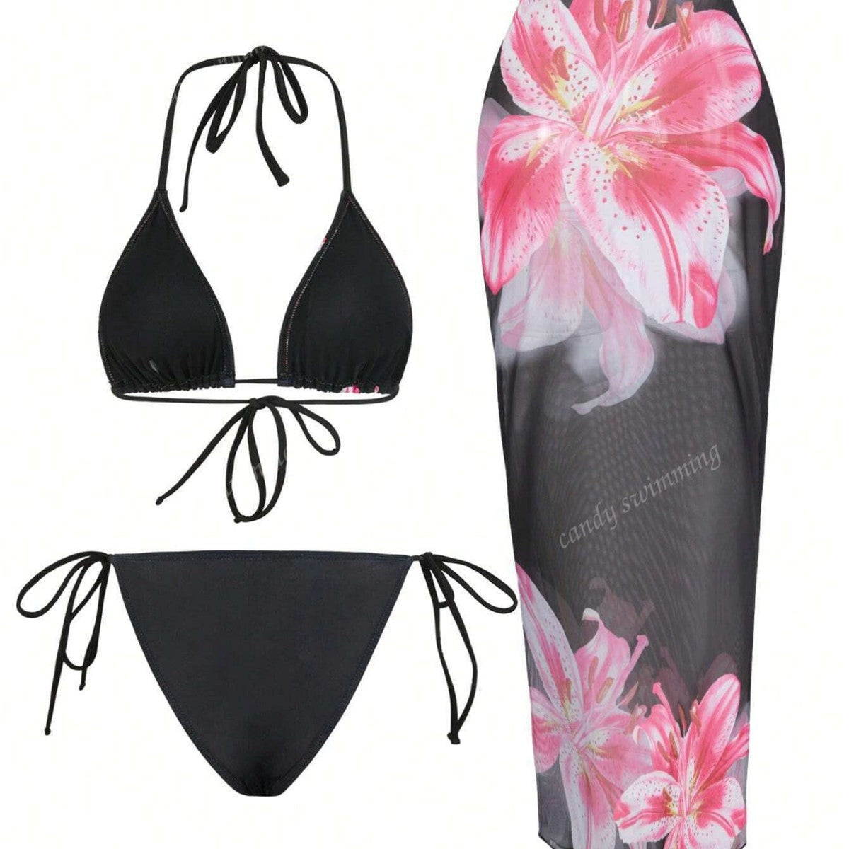 Apron Three Piece Bikini Vintage Print Long Skirt Swimsuit Women&