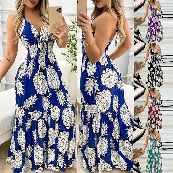 Summer Bustier Spaghetti Strap High Waist Printed Maxi Dress Sexy Women&