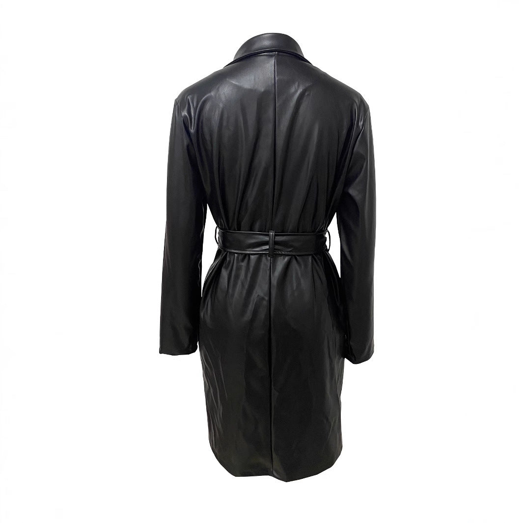 Long Leather Coat with Lapel