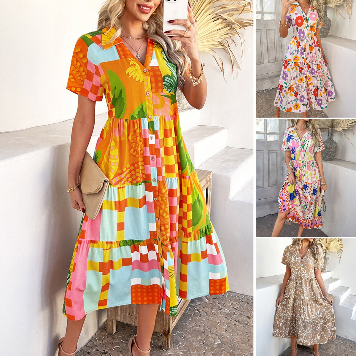 Spring Summer Casual Bohemian Vacation High Waist Geometric Contrast Dress Sub Women&