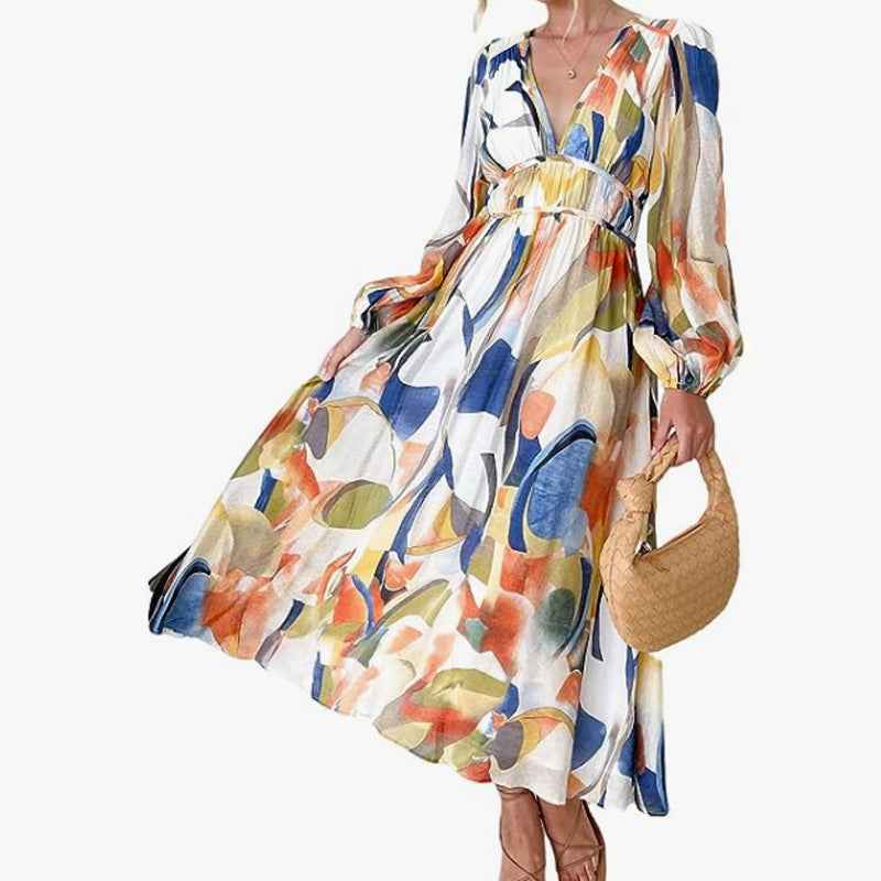 Bohemian female Long Lantern Sleeves Dress-Boho deep V printing high waist casual dress for women