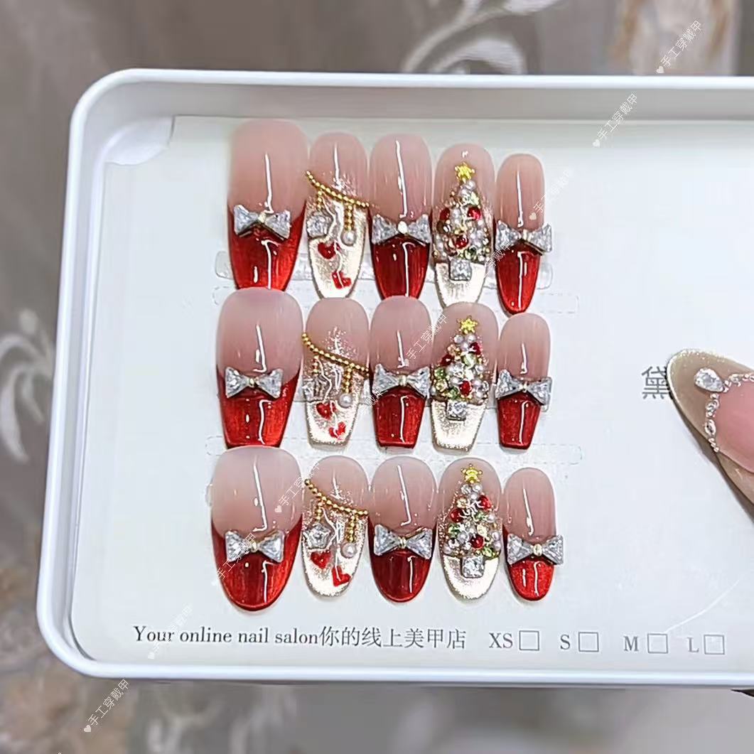 Handmade Nail Red Christmas Hand Painted Love Zircon Diamond Cat&