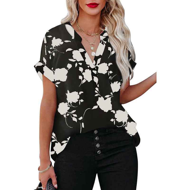 Printed Short Sleeve Shirt Loose V-Neck