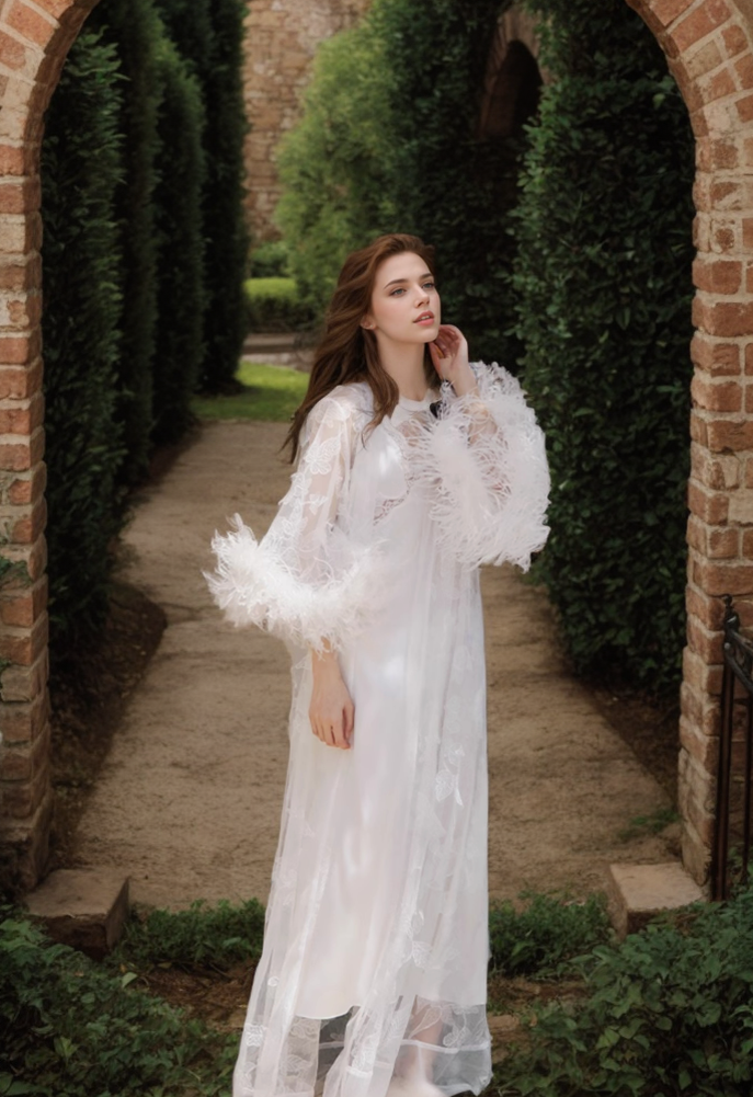 Ostrich Feather Sequin 3D Floral Lace Long Robe with Sequin Nightgown Set