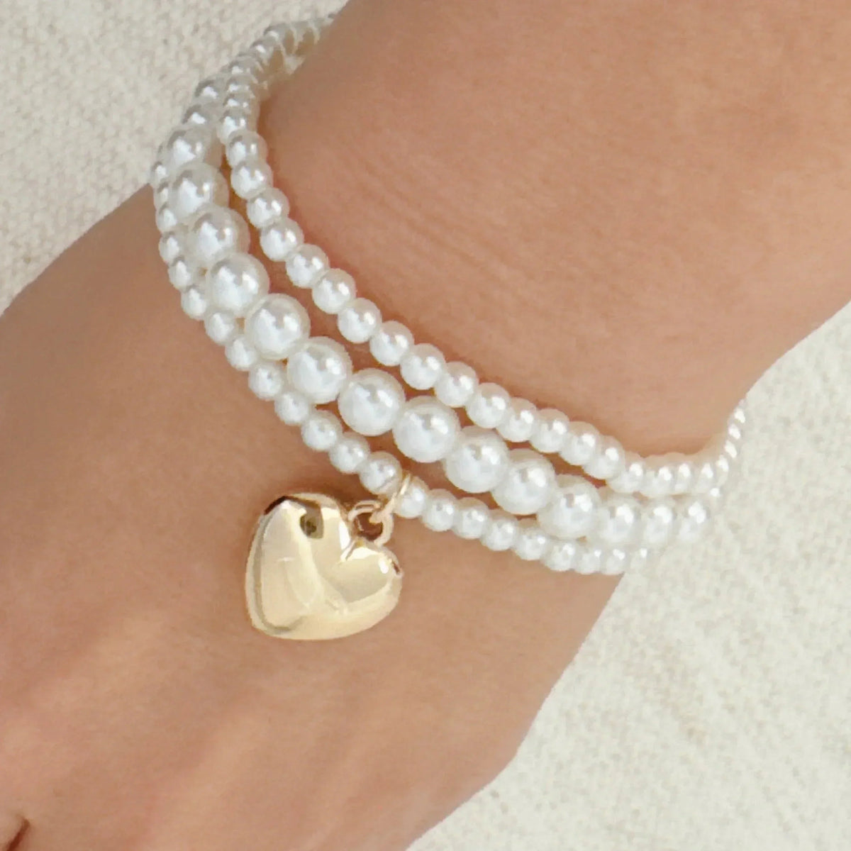 Pearl Beads Golden Heart Stretch Bracelet Set Of 3