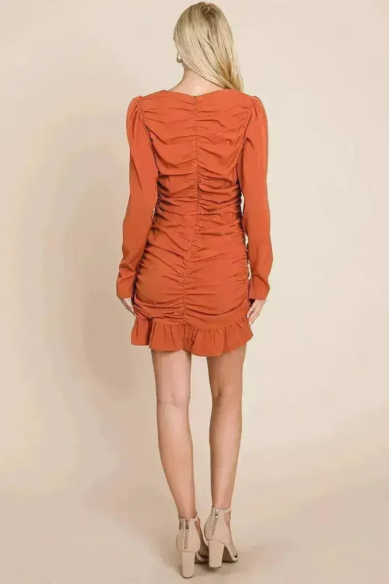 ong Sleeve Ruched Frill Hem Mini Dress