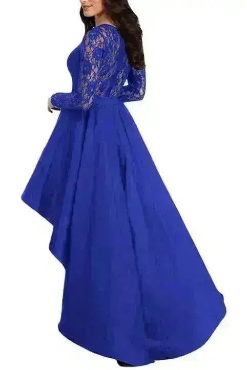 Royal Blue Lace Long Sleeve High Low Satin Prom Dress