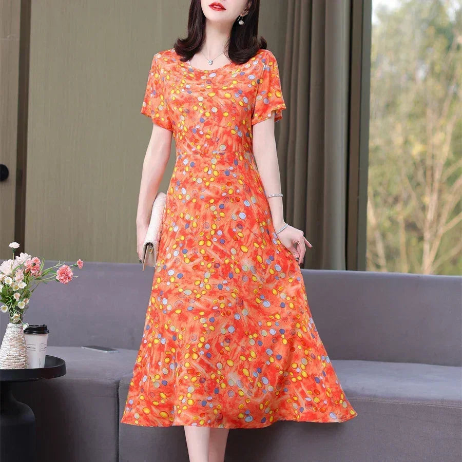 New Fashion Casual 2024 Summer Elegant Dresses For Women O-Neck Print Vintage Short Sleeve Dress Loose Women Clothing
