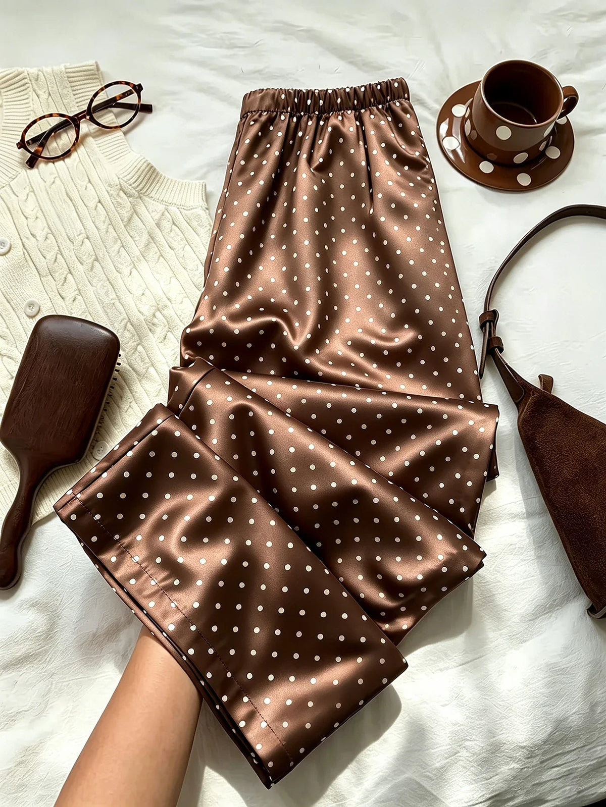Women Satin Pajama Pants Polka Dot Elastic Waist Loose Long Sleep Bottoms Casual Loungewear Trousers For Home Wear