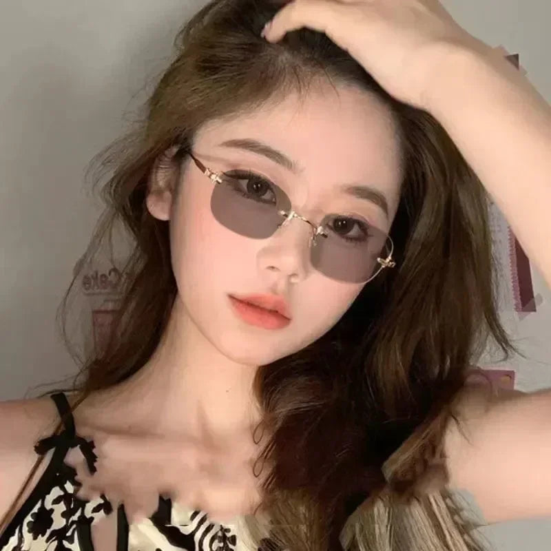 New Fashion Photochromic Myopia Glasses Vintage Rimless Square Women Men Anti Blue Light UV Sunglasses Optical Diopter Eyewear