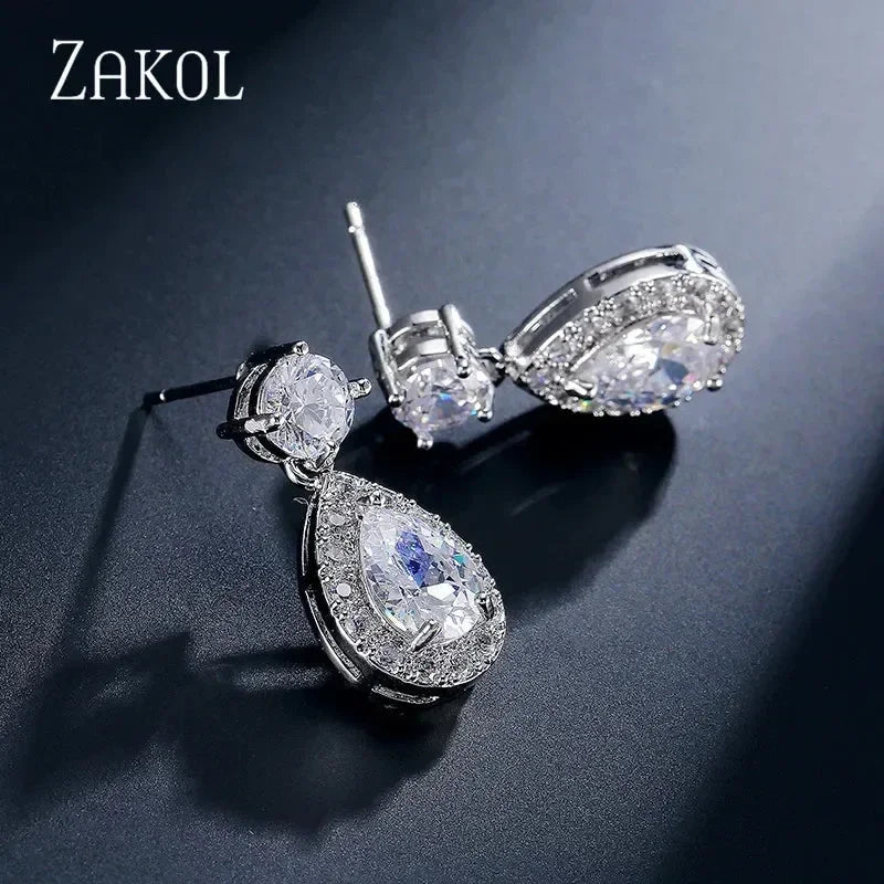 ZAKOL Classic Water Drop Cubic Zircon Bridal Dangle Earrings for Women Girl Trendy CZ Crystal Wedding Engagement Jewelry