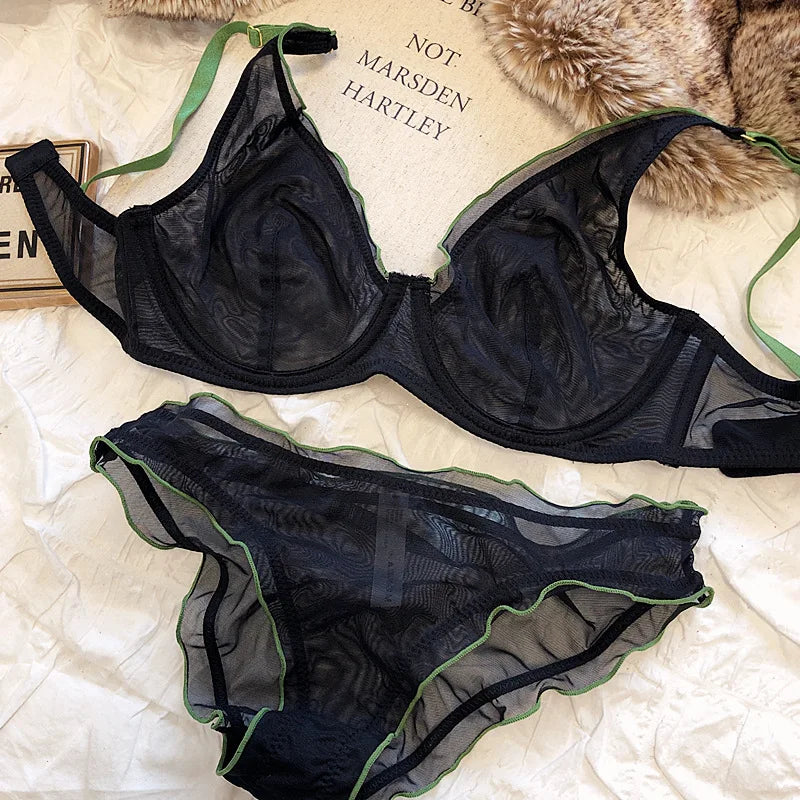 French Ultra Thin Bralette for Women Underwear Top Sexy Deep V Push Up Bra Set Summer Comfort Breathable Lingerie and Panties